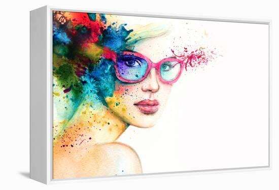 Beautiful Woman with Sunglasses. Abstract Fashion Watercolor Illustration-Anna Ismagilova-Framed Stretched Canvas