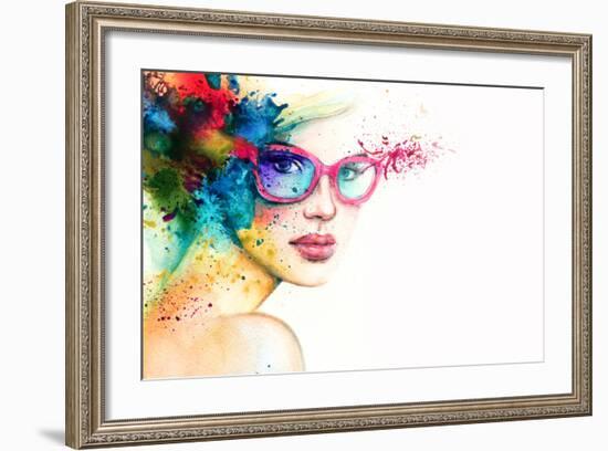 Beautiful Woman with Sunglasses. Abstract Fashion Watercolor Illustration-Anna Ismagilova-Framed Art Print