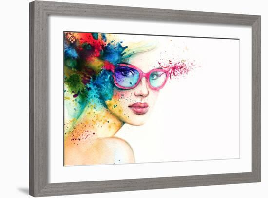 Beautiful Woman with Sunglasses. Abstract Fashion Watercolor Illustration-Anna Ismagilova-Framed Art Print