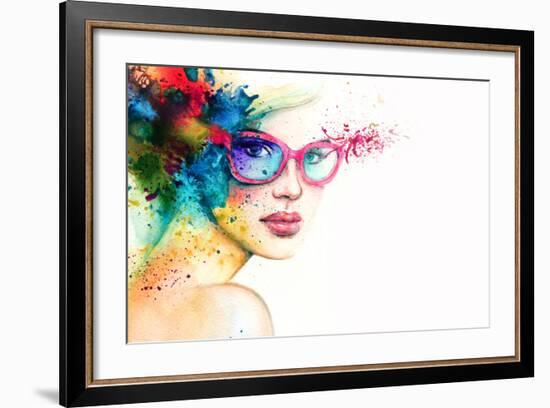 Beautiful Woman with Sunglasses. Abstract Fashion Watercolor Illustration-Anna Ismagilova-Framed Art Print