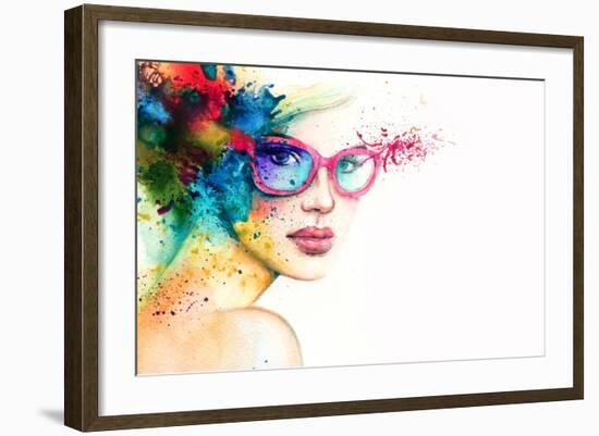 Beautiful Woman with Sunglasses. Abstract Fashion Watercolor Illustration-Anna Ismagilova-Framed Art Print