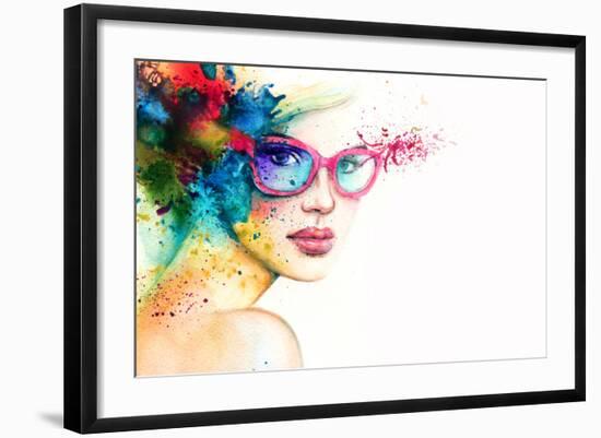 Beautiful Woman with Sunglasses. Abstract Fashion Watercolor Illustration-Anna Ismagilova-Framed Art Print