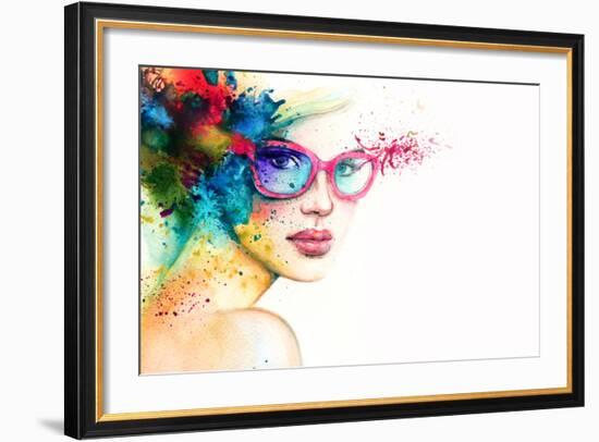 Beautiful Woman with Sunglasses. Abstract Fashion Watercolor Illustration-Anna Ismagilova-Framed Art Print