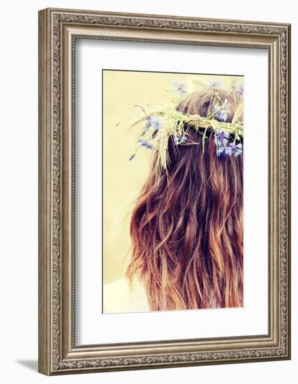 Beautiful Young Girl in Summer Field with Grain and Flower Garland-B-D-S-Framed Photographic Print