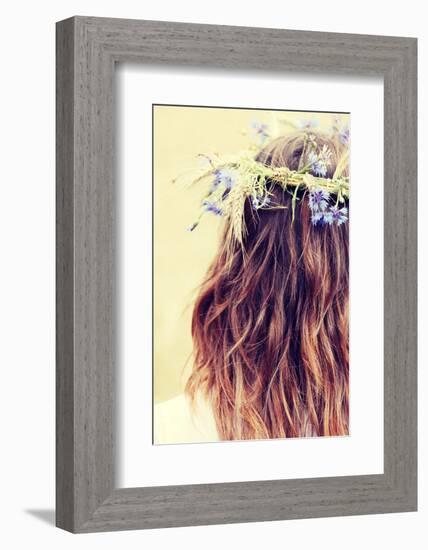 Beautiful Young Girl in Summer Field with Grain and Flower Garland-B-D-S-Framed Photographic Print