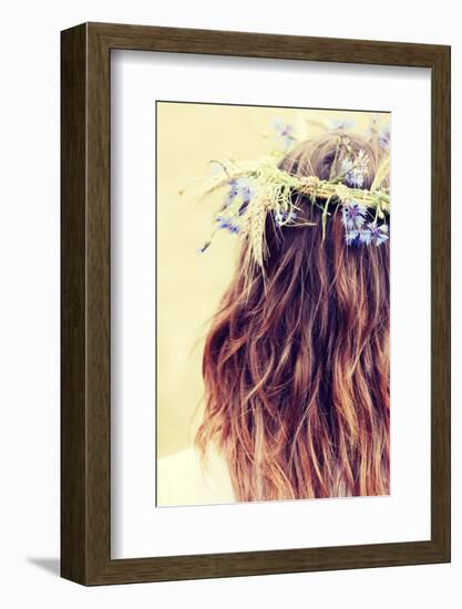 Beautiful Young Girl in Summer Field with Grain and Flower Garland-B-D-S-Framed Photographic Print