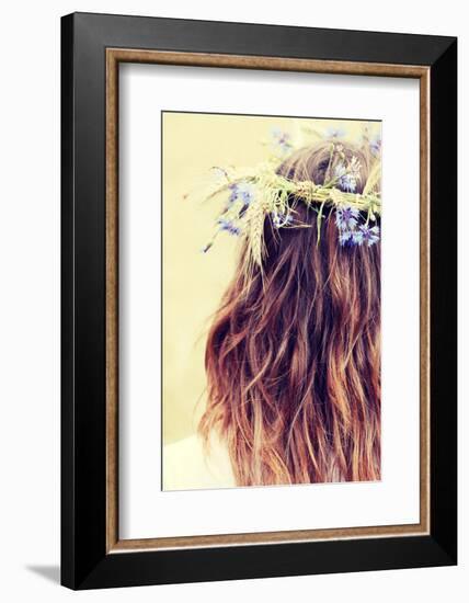 Beautiful Young Girl in Summer Field with Grain and Flower Garland-B-D-S-Framed Photographic Print