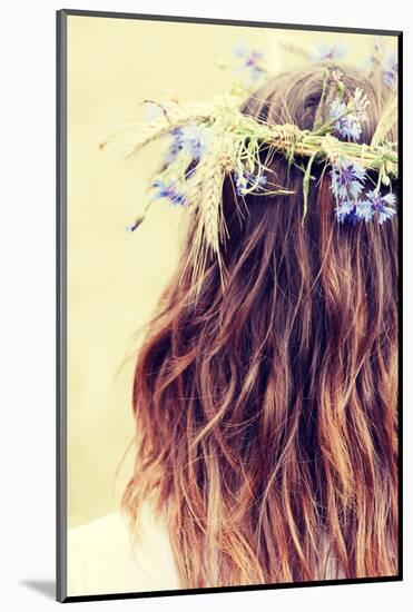 Beautiful Young Girl in Summer Field with Grain and Flower Garland-B-D-S-Mounted Photographic Print