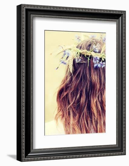 Beautiful Young Girl in Summer Field with Grain and Flower Garland-B-D-S-Framed Photographic Print