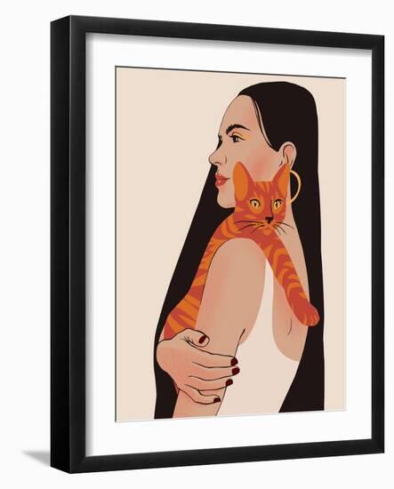 Beautiful Young Woman Portrait Holding a Cat. Pet Owner.-Galina Kamenskaya-Framed Photographic Print
