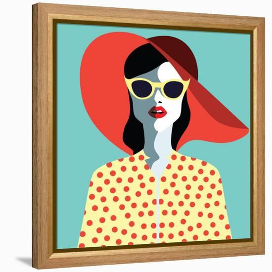 Beautiful Young Woman with Sunglasses and Hat, Retro Style. Pop Art. Summer Holiday. Vector Eps10 I-ralwel-Framed Stretched Canvas