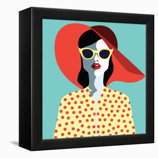 Beautiful Young Woman with Sunglasses and Hat, Retro Style. Pop Art. Summer Holiday. Vector Eps10 I-ralwel-Framed Stretched Canvas