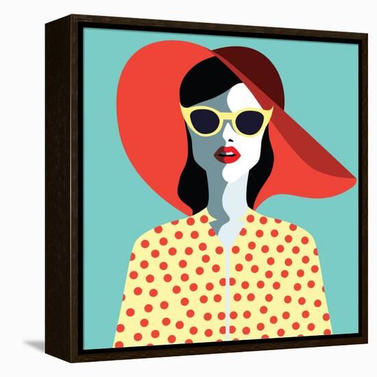 Beautiful Young Woman with Sunglasses and Hat, Retro Style. Pop Art. Summer Holiday. Vector Eps10 I-ralwel-Framed Stretched Canvas