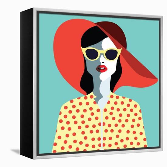 Beautiful Young Woman with Sunglasses and Hat, Retro Style. Pop Art. Summer Holiday. Vector Eps10 I-ralwel-Framed Stretched Canvas