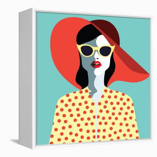 Beautiful Young Woman with Sunglasses and Hat, Retro Style. Pop Art. Summer Holiday. Vector Eps10 I-ralwel-Framed Stretched Canvas