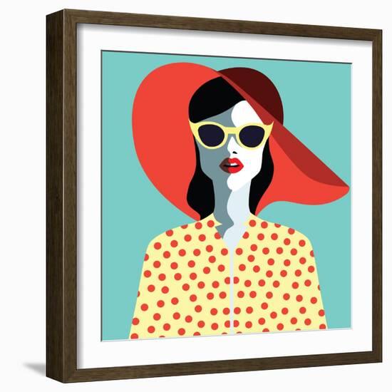 Beautiful Young Woman with Sunglasses and Hat, Retro Style. Pop Art. Summer Holiday. Vector Eps10 I-ralwel-Framed Art Print