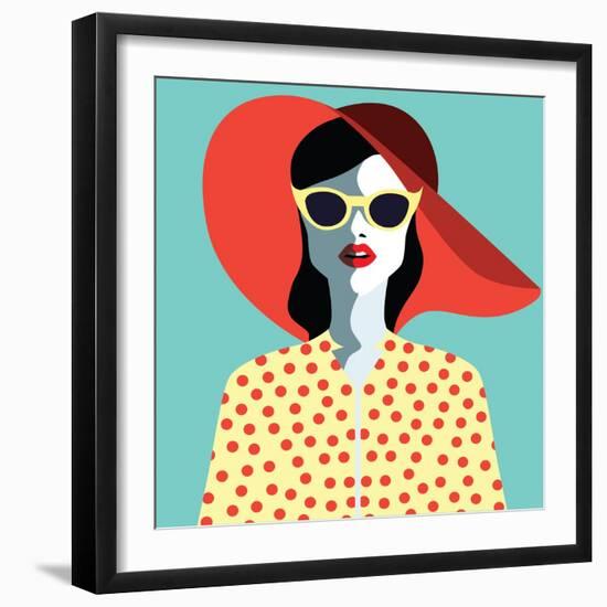 Beautiful Young Woman with Sunglasses and Hat, Retro Style. Pop Art. Summer Holiday. Vector Eps10 I-ralwel-Framed Art Print