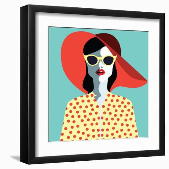 Beautiful Young Woman with Sunglasses and Hat, Retro Style. Pop Art. Summer Holiday. Vector Eps10 I-ralwel-Framed Art Print