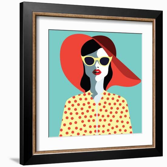 Beautiful Young Woman with Sunglasses and Hat, Retro Style. Pop Art. Summer Holiday. Vector Eps10 I-ralwel-Framed Art Print