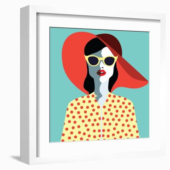 Beautiful Young Woman with Sunglasses and Hat, Retro Style. Pop Art. Summer Holiday. Vector Eps10 I-ralwel-Framed Art Print