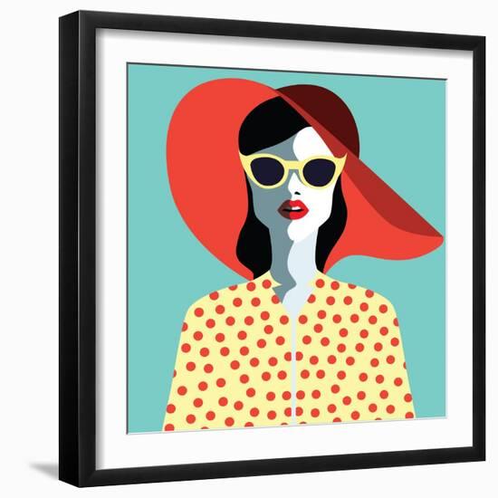 Beautiful Young Woman with Sunglasses and Hat, Retro Style. Pop Art. Summer Holiday. Vector Eps10 I-ralwel-Framed Premium Giclee Print
