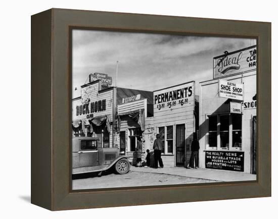 Beauty Parlor Advertising: Permanents: $3.50, $5.00 and $6.50, Shack Town, Fort Peck Dam-Margaret Bourke-White-Framed Premier Image Canvas