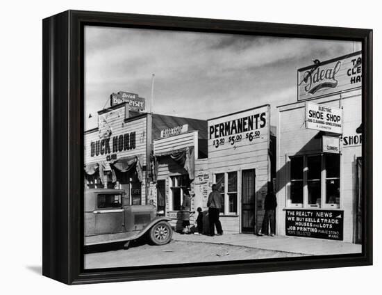 Beauty Parlor Advertising: Permanents: $3.50, $5.00 and $6.50, Shack Town, Fort Peck Dam-Margaret Bourke-White-Framed Premier Image Canvas