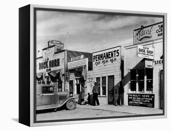 Beauty Parlor Advertising: Permanents: $3.50, $5.00 and $6.50, Shack Town, Fort Peck Dam-Margaret Bourke-White-Framed Premier Image Canvas