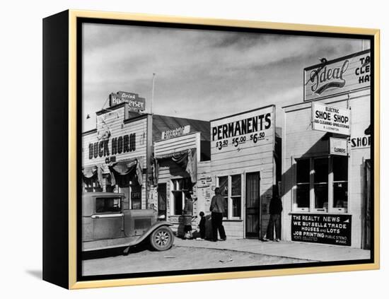 Beauty Parlor Advertising: Permanents: $3.50, $5.00 and $6.50, Shack Town, Fort Peck Dam-Margaret Bourke-White-Framed Premier Image Canvas