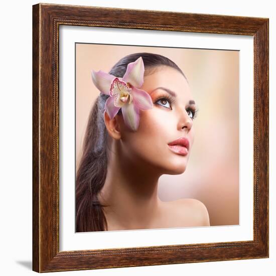 Beauty Portrait. Beautiful Stylish Girl with Orchid Flower. Pastel Colours. Perfect Face Skin-Subbotina Anna-Framed Photographic Print