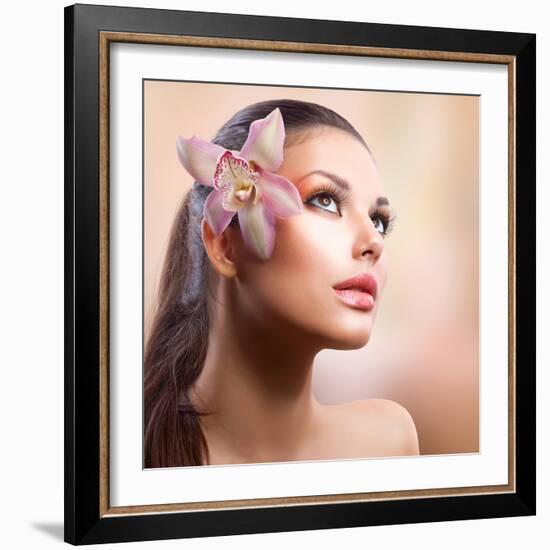 Beauty Portrait. Beautiful Stylish Girl with Orchid Flower. Pastel Colours. Perfect Face Skin-Subbotina Anna-Framed Photographic Print