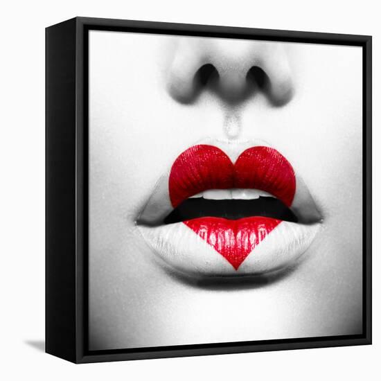 Beauty Sexy Lips with Heart Shape Paint. Love Concept. Kiss-Subbotina Anna-Framed Premier Image Canvas