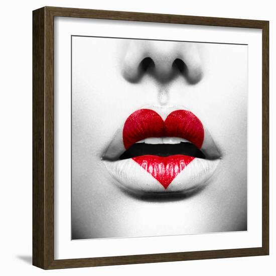 Beauty Sexy Lips with Heart Shape Paint. Love Concept. Kiss-Subbotina Anna-Framed Photographic Print