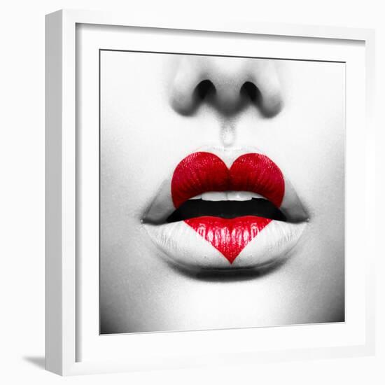 Beauty Sexy Lips with Heart Shape Paint. Love Concept. Kiss-Subbotina Anna-Framed Photographic Print