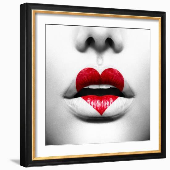 Beauty Sexy Lips with Heart Shape Paint. Love Concept. Kiss-Subbotina Anna-Framed Photographic Print