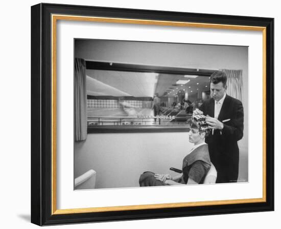 Beauty Shop/Cotton Bowl Lanes for Benefit of Women Bowlers Who Can Have Hair Set Between Games-Stan Wayman-Framed Photographic Print