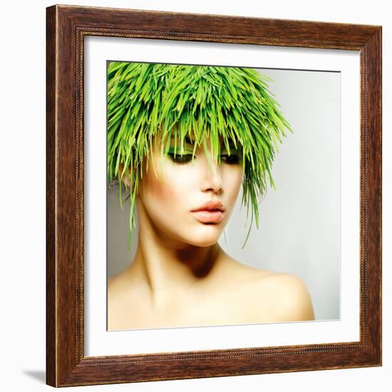 Beauty Spring or Woman with Fresh Green Grass Hair. Summer Nature Girl Portrait. Fashion Model-Subbotina Anna-Framed Photographic Print