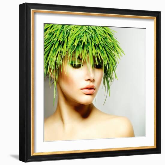 Beauty Spring or Woman with Fresh Green Grass Hair. Summer Nature Girl Portrait. Fashion Model-Subbotina Anna-Framed Photographic Print