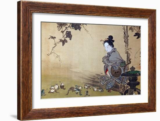 Beauty Watching Frogs at Play-Kyosai Kawanabe-Framed Giclee Print