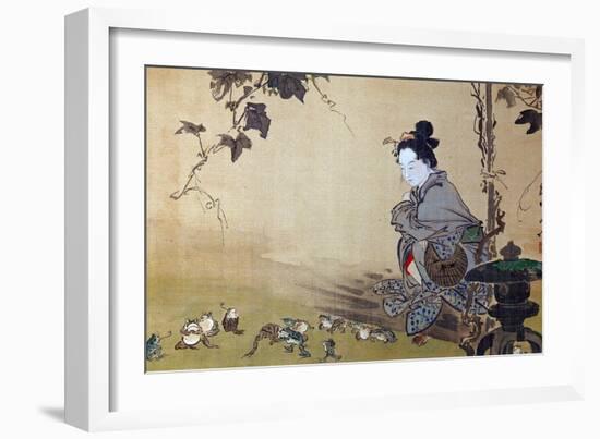 Beauty Watching Frogs at Play-Kyosai Kawanabe-Framed Giclee Print