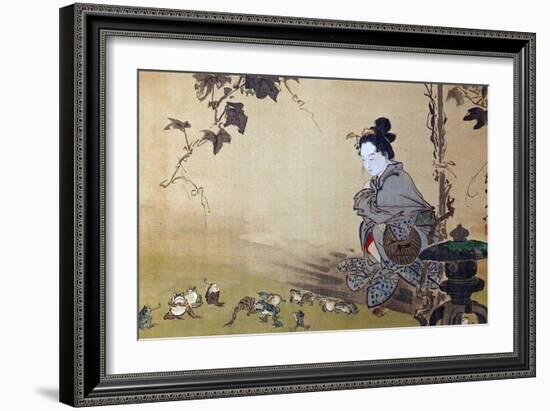 Beauty Watching Frogs at Play-Kyosai Kawanabe-Framed Giclee Print