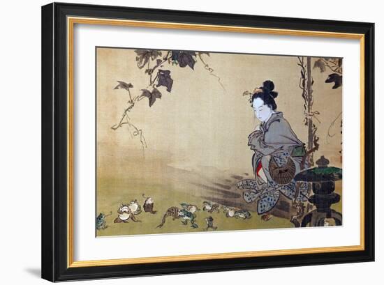 Beauty Watching Frogs at Play-Kyosai Kawanabe-Framed Giclee Print