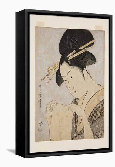 Beauty with a Hand Towel (Colour Woodblock Print)-Kitagawa Utamaro-Framed Premier Image Canvas