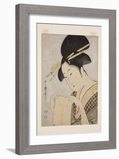 Beauty with a Hand Towel (Colour Woodblock Print)-Kitagawa Utamaro-Framed Giclee Print
