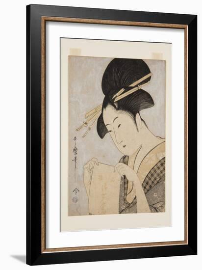 Beauty with a Hand Towel (Colour Woodblock Print)-Kitagawa Utamaro-Framed Giclee Print