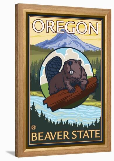 Beaver and Mount Hood Scene-Lantern Press-Framed Stretched Canvas