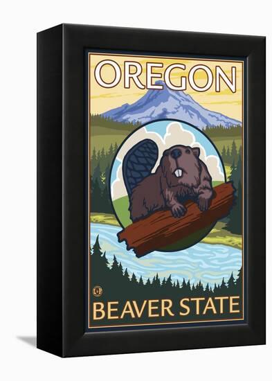 Beaver and Mount Hood Scene-Lantern Press-Framed Stretched Canvas
