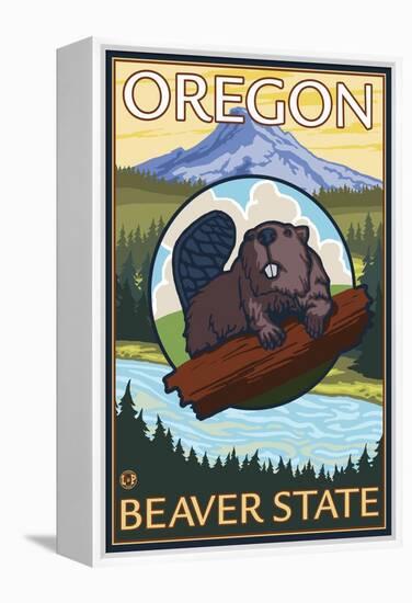 Beaver and Mount Hood Scene-Lantern Press-Framed Stretched Canvas