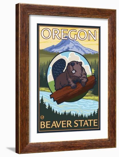 Beaver and Mount Hood Scene-Lantern Press-Framed Art Print