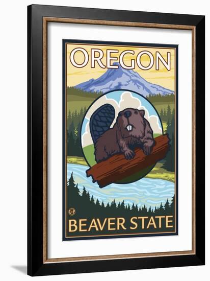 Beaver and Mount Hood Scene-Lantern Press-Framed Art Print